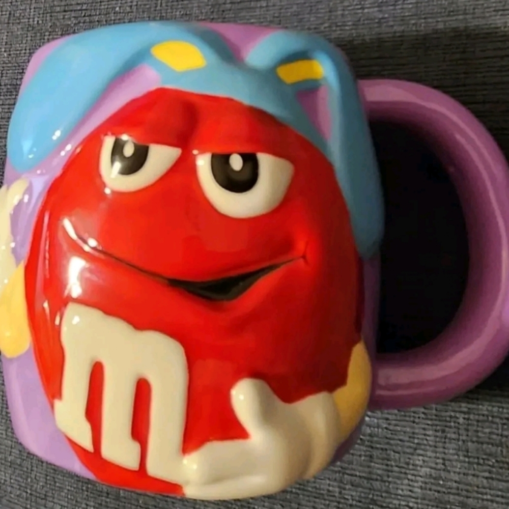 Vintage M&M Easter mug 3D bunny ears ceramic purple coffee tea cup with red M&M